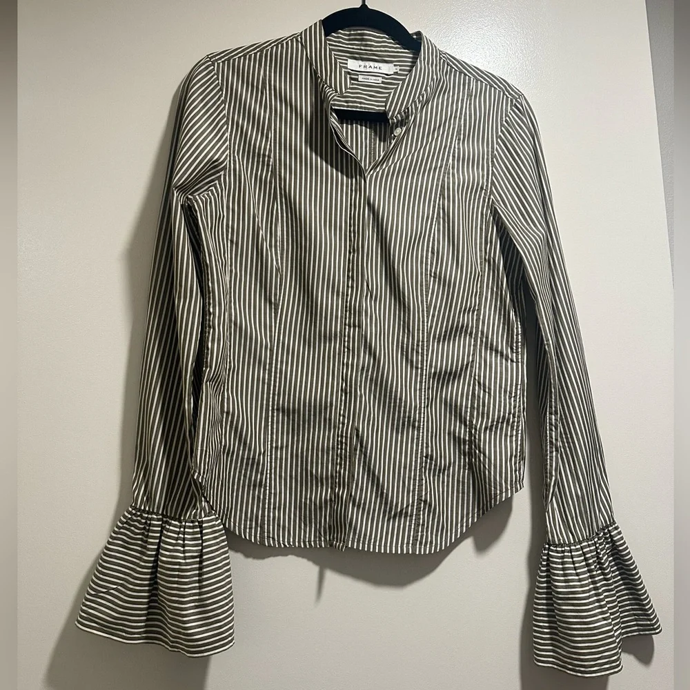 Frame Sage Green Bell Sleeved Striped Poplin Shirt - Picture 4 of 8